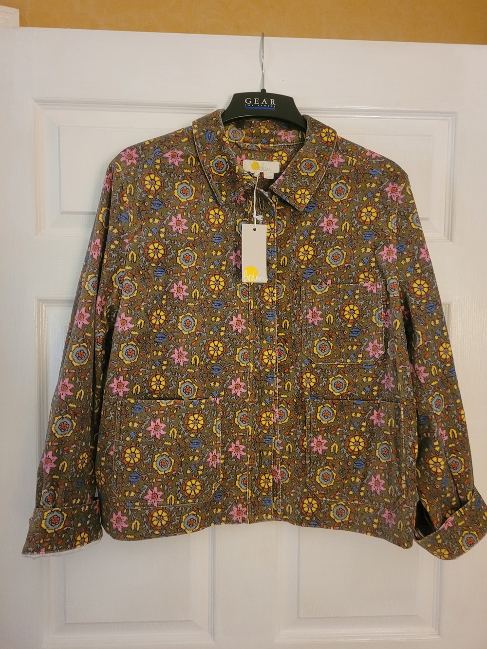 Boden Olive Floral Corduroy Jacket with Pink, Yellow & Blue Accents